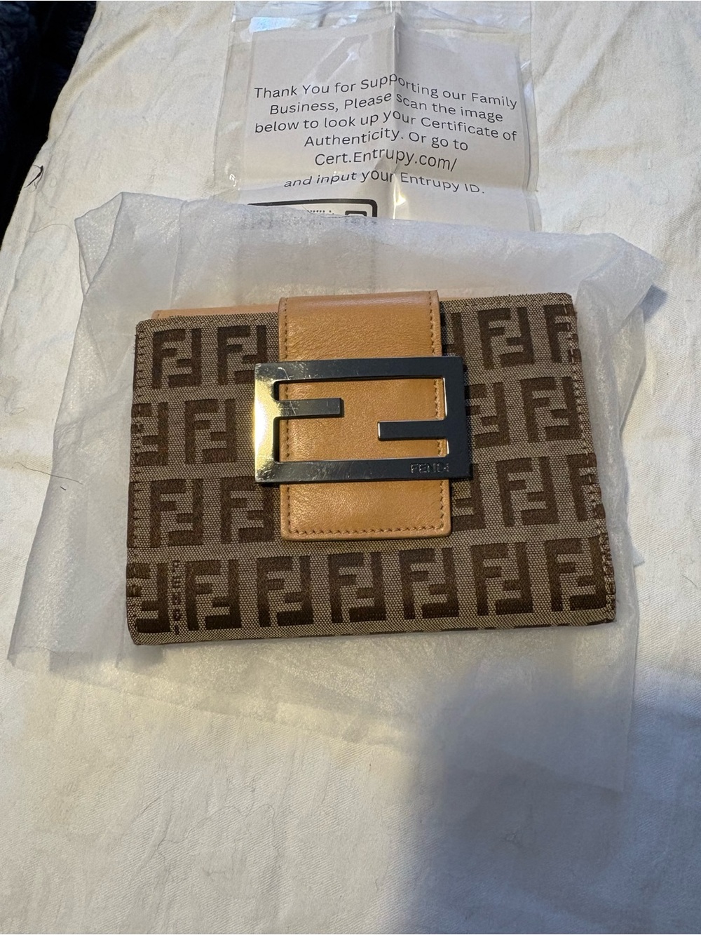 Fendi Brown and Tan FF Logo Card Holder with Metal Logo Buckle